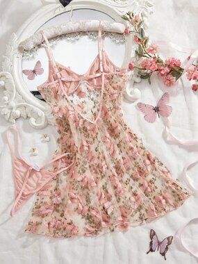 Sexy Lingerie Set Lace Sheer Babydoll Butterfly Floral Dress Pant Cute Sleepwear